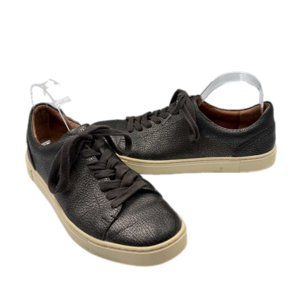 Frye Ivy Low Lace Black Pewter Silver Metallic Lace Up Platform Leather Sneakers